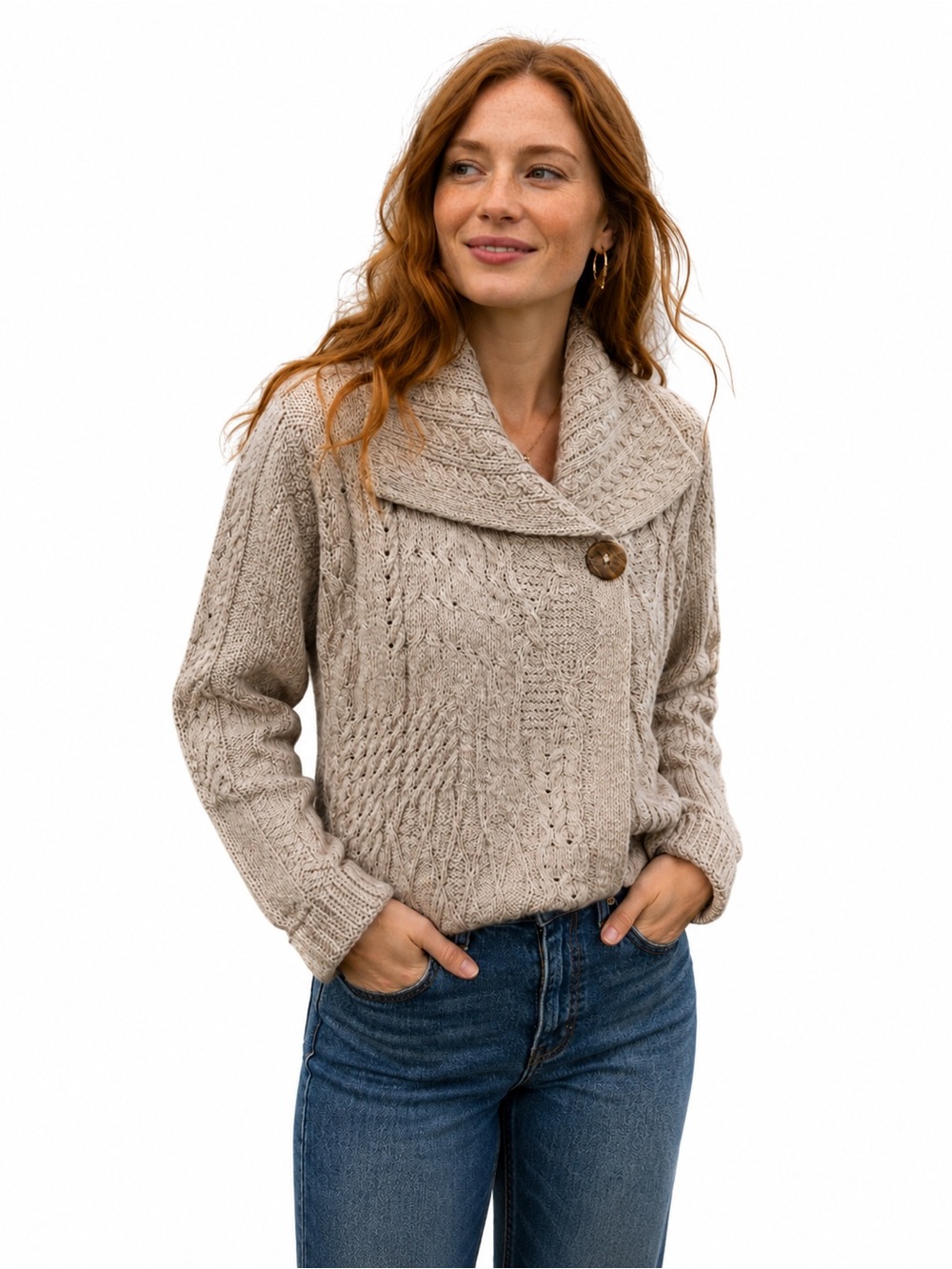 Carraigdonn Aran Merino Wool Mixed Knit Side Button Shawl Cardigan Ireland Made